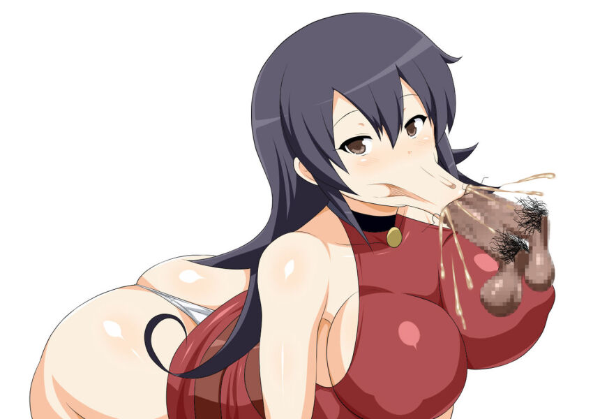 1girl 2boys :&gt;= breasts brown_eyes choker cum cum_in_mouth dress duel_masters ejaculation fellatio inu-g large_breasts large_penis long_mouth multiple_boys multiple_penis_fellatio oral penis purple_hair red_dress tasogare_mimi