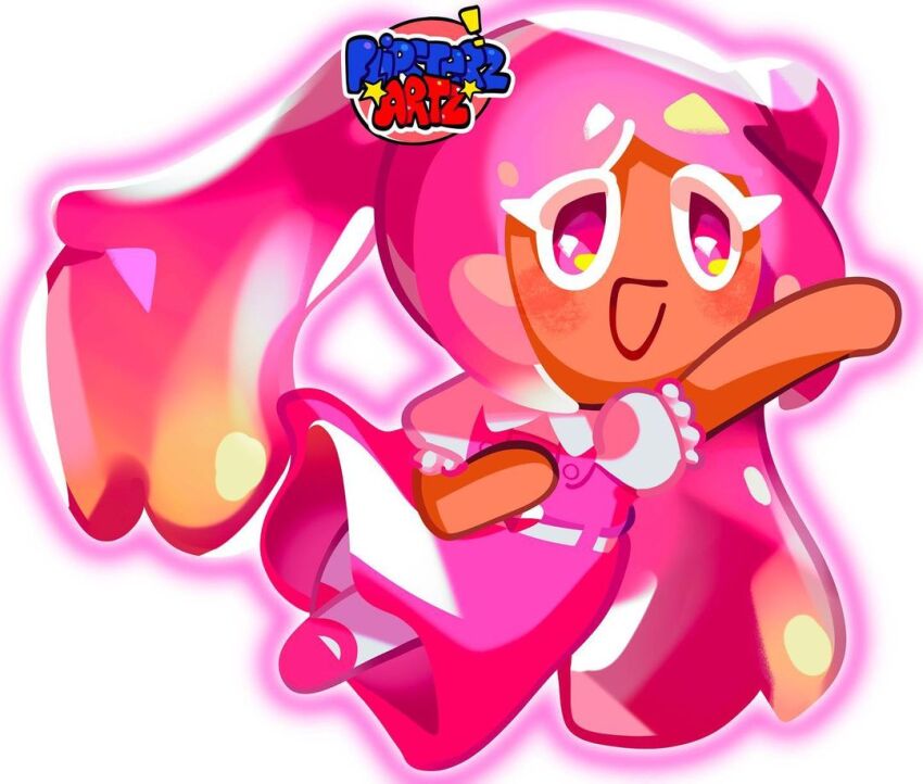 1girl :d arm_up aura buttons collared_shirt commentary cookie_run cookie_run:_kingdom dress english_commentary flipsterzartz frilled_sleeves frills full_body long_hair mary_janes official_style omori open_mouth pantyhose parted_bangs perfectheart_(omori) pink_dress pink_eyes pink_hair pink_shoes puffy_short_sleeves puffy_sleeves shirt shoes short_sleeves simple_background smile solo twintails watermark white_background white_pantyhose white_shirt