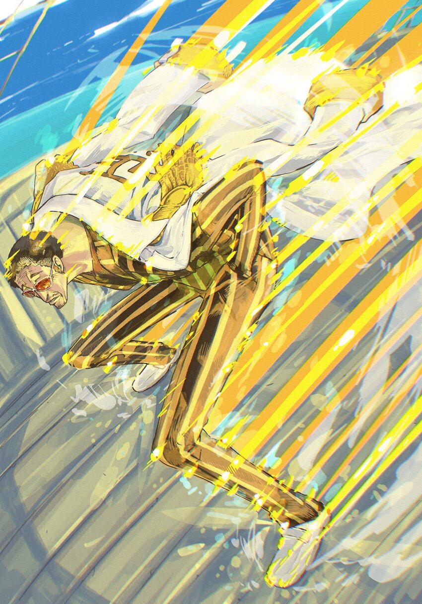 1boy black_hair coat coat_on_shoulders epaulettes facial_hair full_body goatee hands_in_pockets highres kinokuruida kizaru_(one_piece) male_focus mustache one_piece orange-tinted_eyewear shoes short_hair solo sunglasses tinted_eyewear vertical-striped_suit white_coat white_shoes