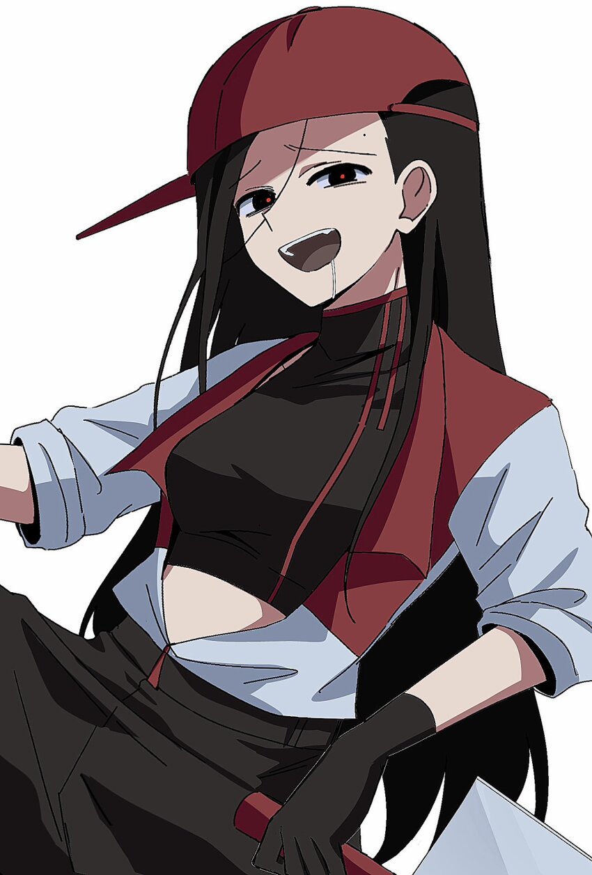 1girl backwards_hat black_eyes black_gloves black_hair black_pants black_shirt butcher_vanity_(synthesizer_v) crop_top drooling gloves hashtag-only_commentary hat highres holding holding_knife jacket knife long_hair open_mouth pants red_hat red_trim rishaku_(user_cuwx8758) shirt synthesizer_v vimalion_pro white_jacket yi_xi_(synthesizer_v)
