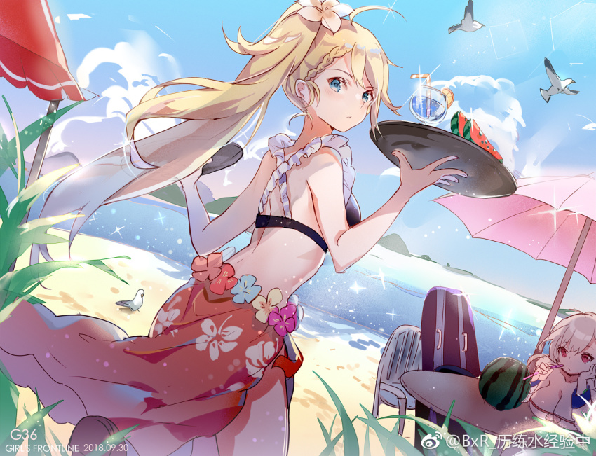 2girls ahoge alternate_costume alternate_hairstyle back bare_shoulders beach bigdoorbig bikini bird blonde_hair blue_eyes blue_sky blush bodyboard braid breasts chair character_name cleavage closed_mouth cloud collarbone cup dated day drinking_straw floating_hair flower food french_braid fruit g36_(50_days_with_g36)_(girls&#039;_frontline) g36_(girls&#039;_frontline) girls&#039;_frontline gradient_hair hair_between_eyes hair_flower hair_ornament head_rest holding holding_tray large_breasts lemon lemon_slice long_hair looking_at_viewer maid maid_bikini medium_breasts multicolored_hair multiple_girls ocean official_alternate_costume outdoors ponytail red_eyes sand sarong seagull sidelocks silver_hair sky sparkle spas-12_(girls&#039;_frontline) spas-12_(midsummer_fruit)_(girls&#039;_frontline) swimsuit table thighs tray tropical_drink twintails umbrella unconventional_maid very_long_hair water watermark watermelon weibo_watermark