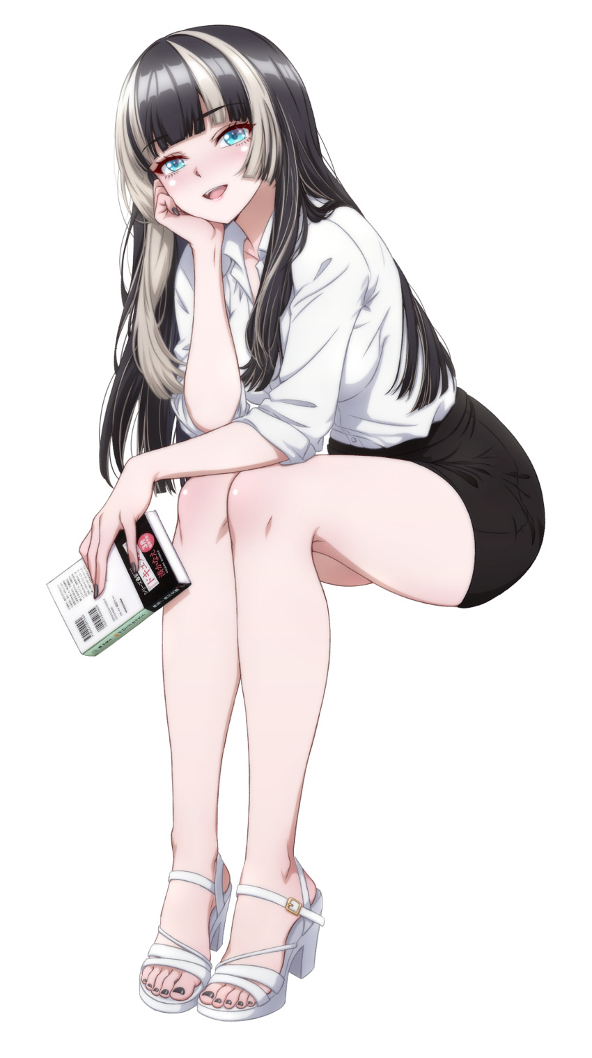 1girl absurdres alternate_costume bare_legs black_hair black_nails black_shirt blue_eyes blunt_bangs book breasts collarbone feet grey_hair head_rest highres hime_cut holding holding_book hololive hololive_dev_is juufuutei_raden large_breasts legs long_hair looking_at_viewer multicolored_hair nail_polish open-toe_shoes open_mouth p-nekoe pencil_skirt shirt shirt_tucked_in shoes simple_background sitting skirt sleeves_rolled_up smile solo strappy_heels streaked_hair teacher thighs toenail_polish toenails toes two-tone_hair virtual_youtuber white_background white_shoes