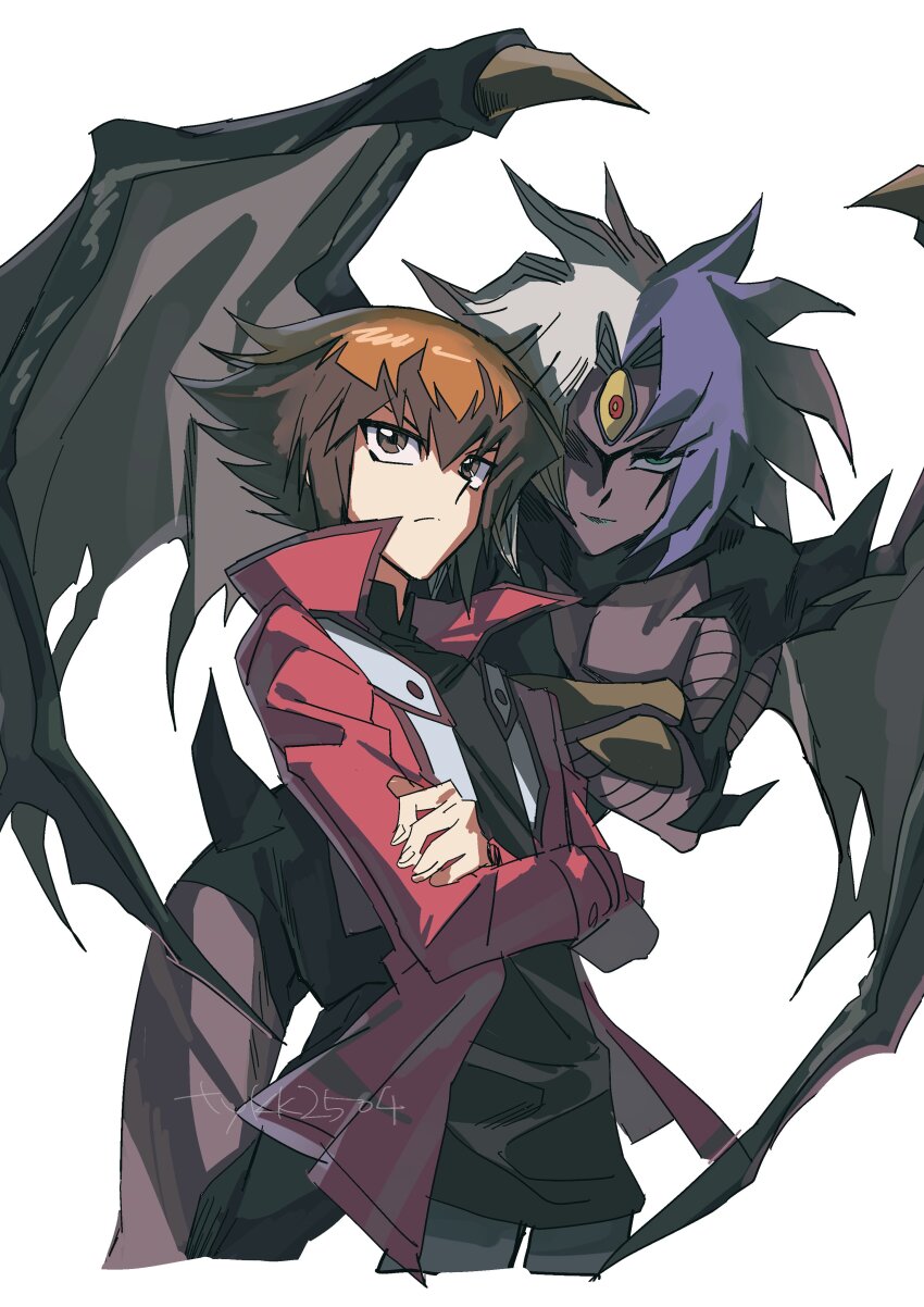 absurdres blue_hair brown_eyes brown_hair collared_jacket crossed_arms demon_girl demon_wings duel_academy_uniform_(yu-gi-oh!_gx) duel_monster facial_mark highres horns jacket monster_girl multicolored_hair red_jacket skmkst third_eye white_hair wings yu-gi-oh! yu-gi-oh!_gx yubel yuki_judai