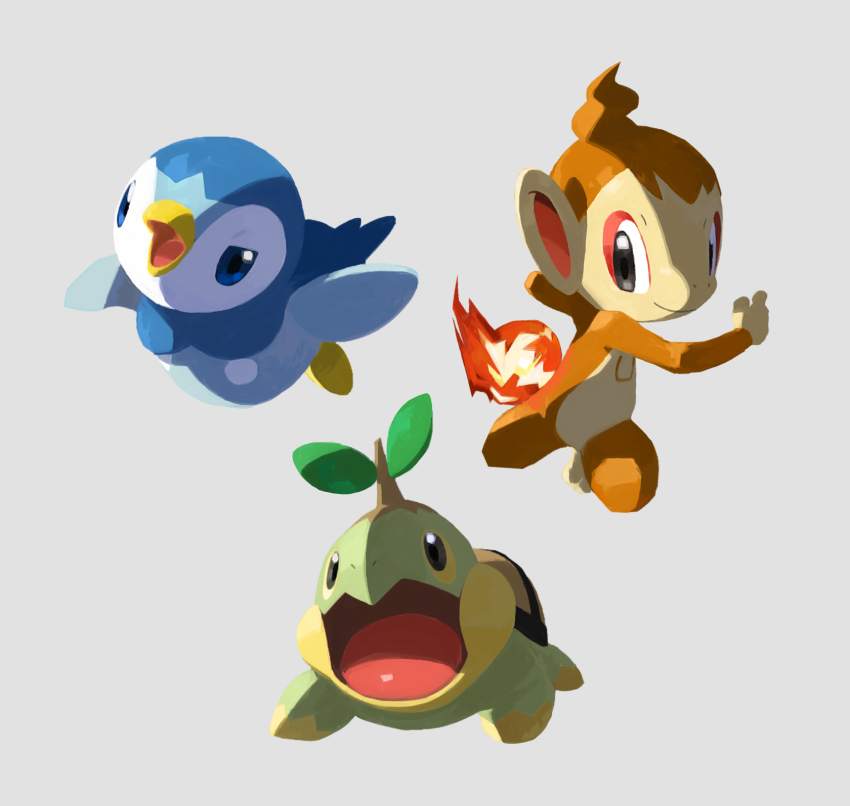 black_eyes blue_eyes chimchar closed_mouth colored_sclera fire gen_4_pokemon grey_background highres kochi8i nintendo no_humans open_mouth piplup pokemon pokemon_(creature) simple_background smile tongue turtwig yellow_sclera