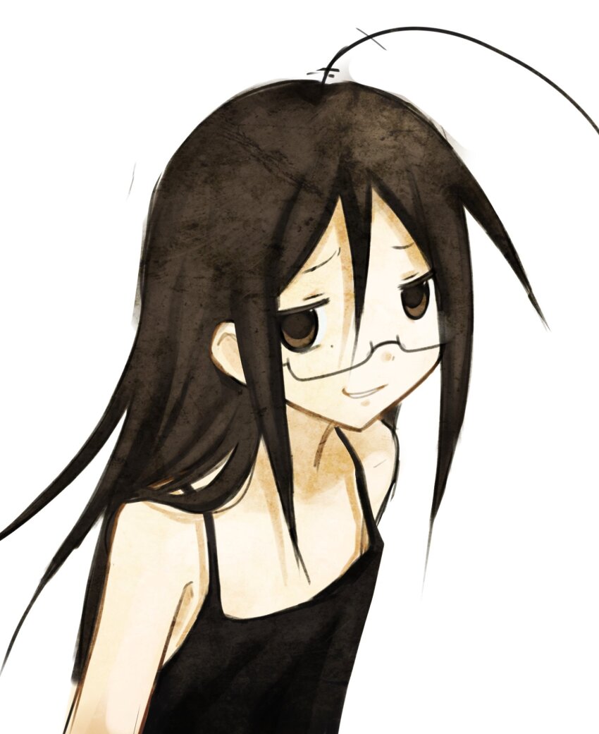 1girl ahoge black_tank_top brown_eyes brown_hair glasses looking_at_viewer mugi44i smirk solo tank_top