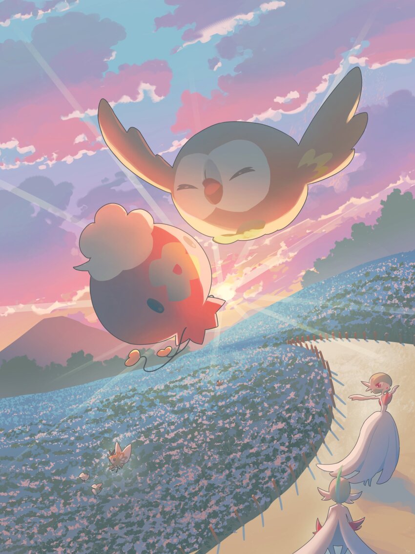 absurdres closed_eyes cloud commentary_request cutiefly drifloon flower flying gallade gardevoir gen_3_pokemon gen_4_pokemon gen_7_pokemon highres mokukitusui nintendo open_mouth outdoors outstretched_arms path pokemon pokemon_(creature) ribombee road rowlet sky