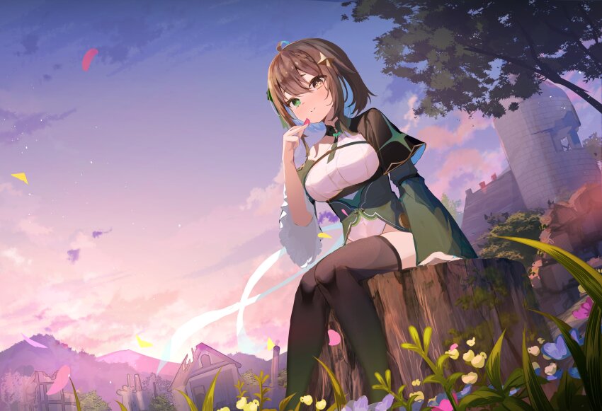 1girl absurdres ahoge apple aqua_ribbon arm_belt black_capelet black_thighhighs blue_flower blue_hair blue_ribbon blush braid breasts brown_eyes brown_hair capelet chest_belt cloud colored_inner_hair commentary cross-shaped_pupils detached_sleeves dress dutch_angle falling_petals feet_out_of_frame field flower flower_field food frilled_sleeves frills from_below fruit grass green_dress green_eyes green_ribbon green_sleeves hair_flaps hair_ornament hair_ribbon half_capelet hand_up heterochromia highres holding holding_petal house indie_virtual_youtuber juliet_sleeves large_breasts light_particles long_sleeves looking_at_viewer meica_(vtuber) meica_(vtuber)_(1st_costume) mismatched_pupils moss mountain multicolored_hair nature outdoors petals pink_flower puffy_sleeves ribbon shirt single-shoulder_shirt single_braid sitting on_tree_stump sleeveless sleeveless_shirt smile solo spanish_commentary sprout sprout-shaped_pupils sprout_pendant star_(symbol) star_hair_ornament symbol-shaped_pupils tamago_nezumi thighhighs tree tree_stump twilight virtual_youtuber white_shirt yellow_flower