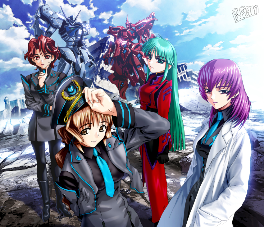 4girls black_shirt blue_neckwear brown_hair coat collared_shirt grey_jacket grey_skirt head_tilt high-waist_skirt highres isumi_michiru jacket jinguuji_marimo kouzuki_yuuko lab_coat long_hair mecha medium_hair military military_uniform multiple_girls muv-luv muv-luv_alternative necktie popgun_(22882502) purple_hair red_jacket robot science_fiction shirt shirt_tucked_in short_hair skirt smile tactical_surface_fighter tsukuyomi_mana type_00_takemikazuchi type_94_shiranui very_long_hair white_coat