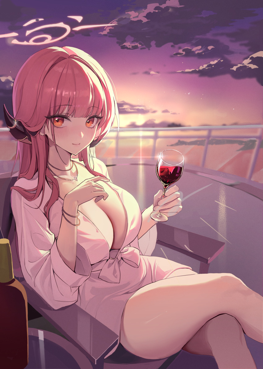 1girl absurdres alcohol alternate_costume aru_(blue_archive) blue_archive breasts brown_horns cleavage crossed_legs cup demon_horns drinking_glass halo highres horns jewelry large_breasts low_horns mill_bbang necklace pink_hair pink_halo red_wine solo wine wine_glass