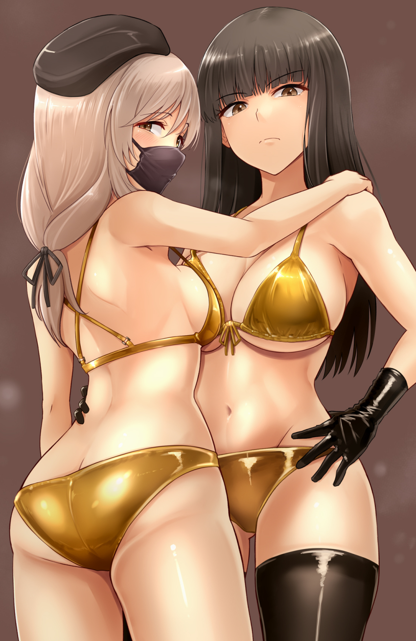 2girls arm_around_waist ass bikini black_gloves black_hair black_hat blunt_bangs breasts brown_eyes butt_crack commentary_request frown girls_und_panzer gloves gold_bikini grey_hair hair_ribbon hand_on_another&#039;s_shoulder hat highres kitayama_miuki large_breasts long_hair looking_at_viewer mask mature_female mouth_mask multiple_girls navel nishizumi_shiho ribbon shimada_chiyo simple_background straight_hair swimsuit