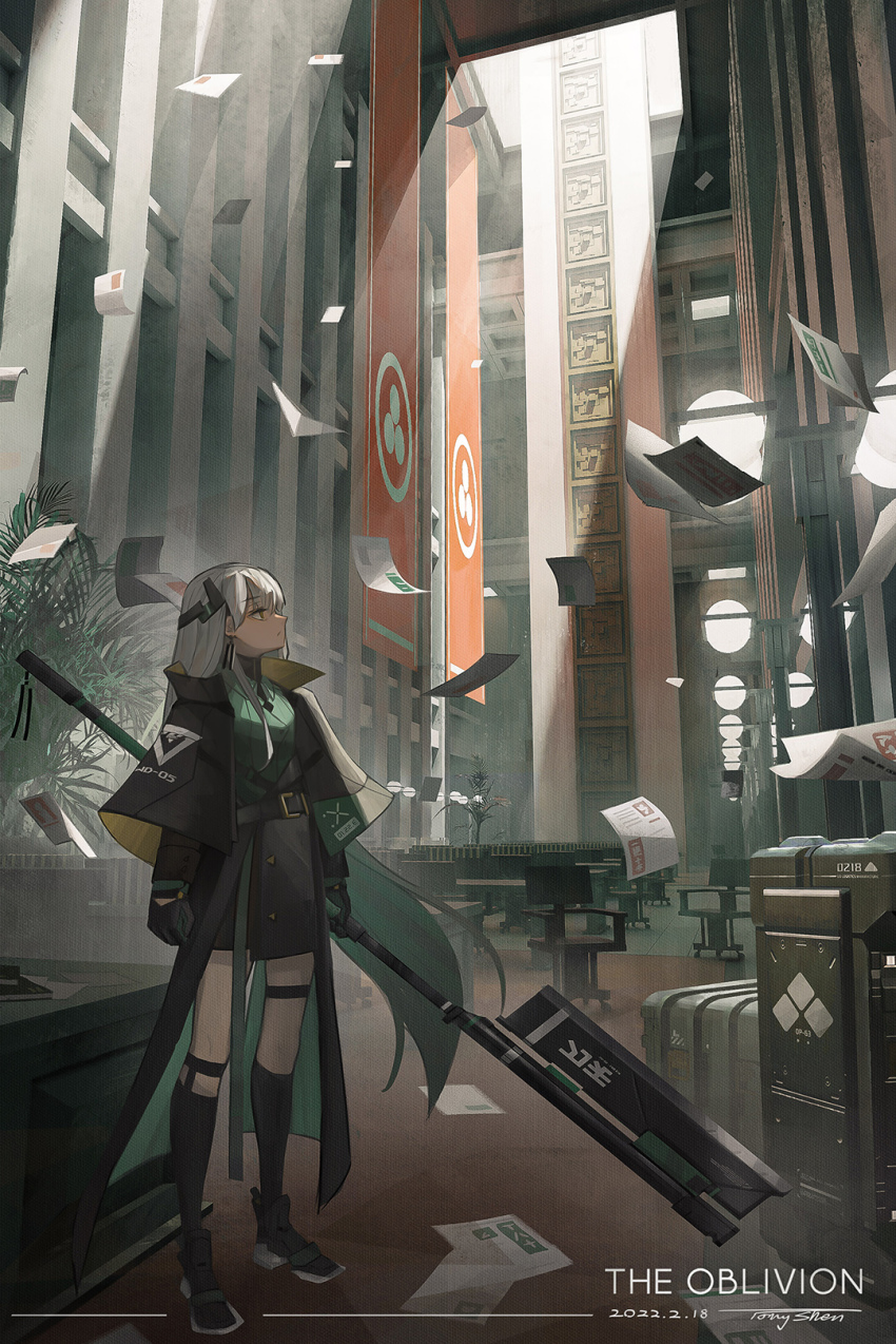 1girl black_gloves black_socks building commentary dated earrings english_commentary english_text expressionless flyer full_body gloves green_shirt grey_hair highres holding holding_polearm holding_weapon jewelry kneehighs long_hair long_sleeves looking_up nerok original paper plant polearm scenery shirt shoes signature socks solo standing sunlight wall_lamp weapon