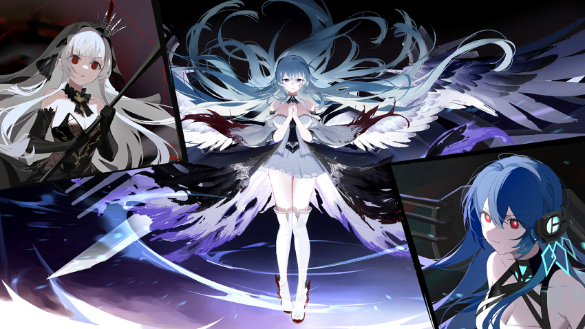3girls angel_wings azur_lane bare_shoulders black_dress black_gloves black_wings blue_eyes blue_hair boots braid breasts burnt_clothes cape chain cleavage closed_mouth crown detached_sleeves dress feathered_wings floating floating_hair full_body gloves hair_ornament hands_up helena_(meta)_(azur_lane) high_heel_boots high_heels highres large_breasts oversized_wings long_hair military_vehicle miniskirt multiple_girls multiple_wings non-web_source official_art own_hands_clasped own_hands_together pleated_skirt queen_elizabeth_(meta)_(azur_lane) red_eyes red_footwear ribbon rigging rodney_(azur_lane) rodney_(meta)_(azur_lane) serious ship ship_turret shoes skirt standing strapless strapless_dress thigh_boots thighhighs torn_clothes very_long_hair warship watercraft white_footwear white_hair white_skirt wide_shot wings zettai_ryouiki