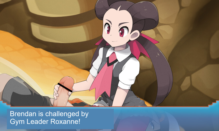 1boy 1girl bar_censor beanie brendan_(pokemon) brown_hair censored closed_mouth collared_shirt dialogue_box eyelashes gym_leader hair_ribbon hair_rings handjob hat hetero highres indoors kim_da-yoon looking_down necktie nintendo pantyhose penis pink_ribbon pokemon pokemon_gym pokemon_oras purple_pantyhose ribbon roxanne_(pokemon) shirt short_sleeves shorts smile translated twintails twitching_penis white_shirt