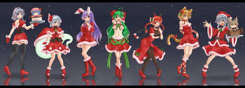 6+girls animal_ears bad_id bad_pixiv_id black_legwear blonde_hair blue_eyes braid breasts cake cat_ears cat_tail fang food gloves green_eyes green_hair hat heart heart_tail highres izayoi_sakuya kaenbyou_rin kemonomimi_mode kochiya_sanae konpaku_youmu large_breasts maid_headdress medium_breasts mononobe_no_futo multiple_girls musouduki navel one_eye_closed pantyhose purple_hair red_eyes red_hair reisen_udongein_inaba remilia_scarlet santa_costume santa_gloves santa_hat silver_hair stage_connection tail thighhighs tiger_ears tiger_tail toramaru_shou touhou toyosatomimi_no_miko twin_braids uki underboob wink yellow_eyes