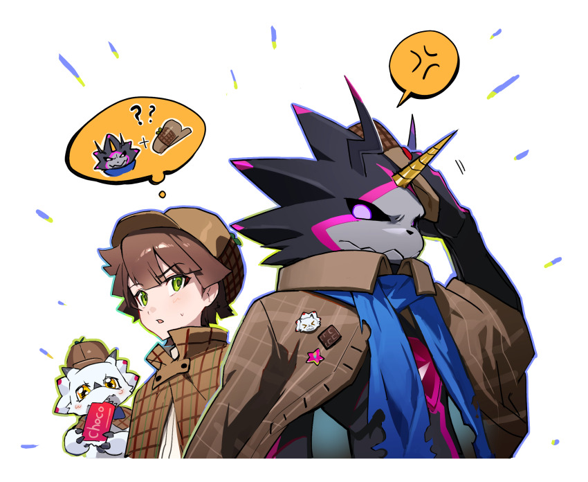 3boys amanokawa_hiro anger_vein black_scales black_sclera blue_scarf brown_hair brown_hat chest_jewel colored_sclera cosplay digimon digimon_ghost_game dragon gammamon green_eyes gulusgammamon hat highres horns male_focus multiple_boys muna_1414 scarf sherlock_holmes sherlock_holmes_(cosplay) simple_background single_horn speech_bubble spoken_anger_vein thought_bubble upper_body white_background
