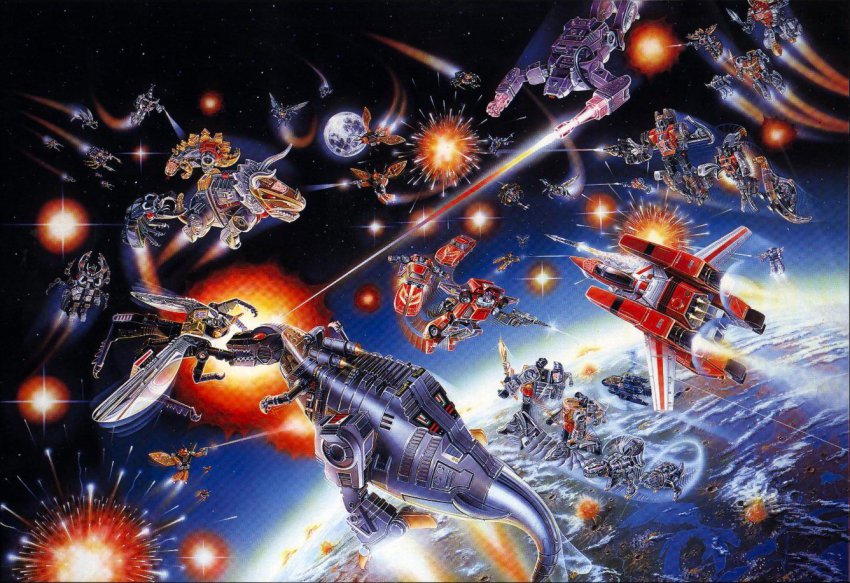 1980s_(style) afterburner aircraft antennae arm_cannon autobot barrage_(transformers) battle beetle biting bombshell_(transformers) box_art brontosaurus bug canopy_(aircraft) car chevrolet_corvette chevrolet_corvette_c3 chop_shop_(transformers) clenched_hand cloud decepticon dinobots_(g1) dinosaur earth_(planet) epic explosion firing flying grasshopper grimlock gun helicopter holding holding_gun holding_sword holding_weapon horns insect insect_wings insignia jeffrey_mangiat jetfire kickback_(transformers) mecha missile moon motor_vehicle no_humans official_art oldschool planet pteranodon realistic red_car red_eyes retro_artstyle robot scan science_fiction sharp_teeth shockwave_(transformers) shrapnel_(transformers) slag_(transformers) sludge_(transformers) snarl_(transformers) space spacecraft star_(sky) stegosaurus swoop_(transformers) sword tail teeth topspin_(transformers) tracks_(transformers) traditional_media transformation transformers transformers:_generation_1 triceratops twin_twist_(transformers) tyrannosaurus_rex venom_(transformers) vf-1 vf-1_super weapon whirl_(transformers) wings yellow_eyes