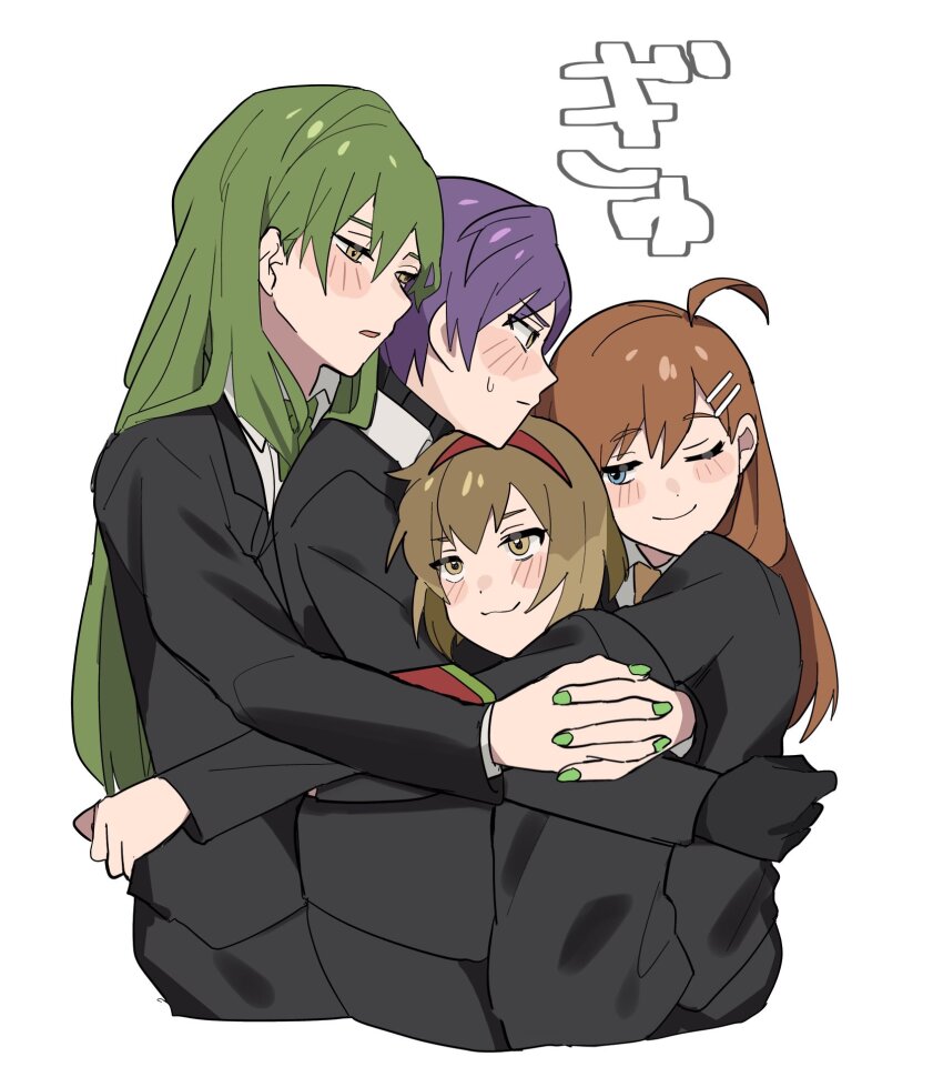 2boys 2girls :3 ;) ahoge armband black_gloves black_jacket black_pants blue_eyes blush brown_eyes brown_hair cowboy_shot embarrassed formal_clothes gloves green_hair green_nails group_hug hairband happy highres hod_(project_moon) hug jacket lobotomy_corporation long_hair malkuth_(project_moon) mu46016419 multiple_boys multiple_girls netzach_(project_moon) one_eye_closed pants project_moon purple_hair short_hair simple_background smile smug white_background yellow_eyes yesod_(project_moon)
