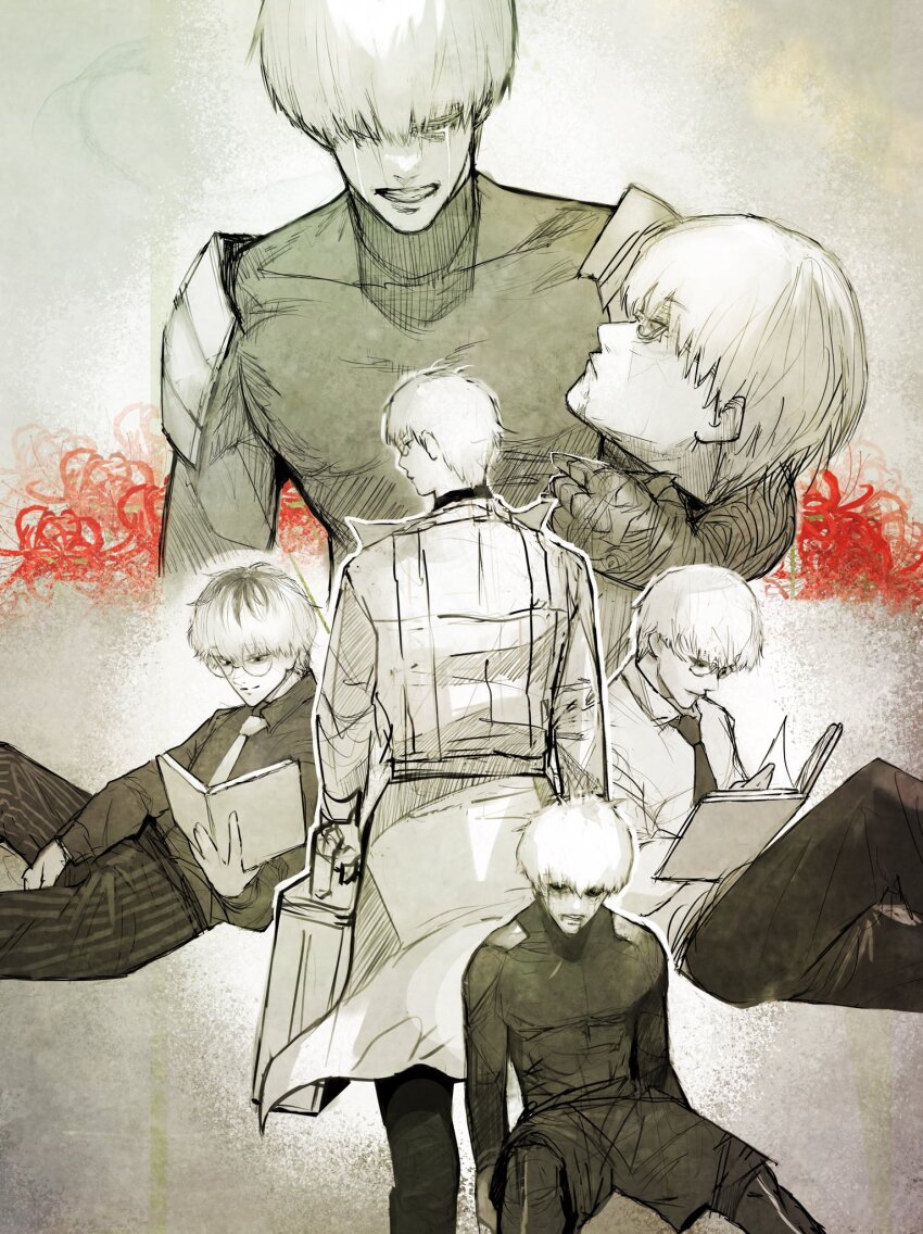 armor black_necktie black_pants black_shirt black_shorts blood blood_on_face book coat collared_shirt crying death flower glasses highres holding holding_book holding_suitcase kaneki_ken light_smile long_sleeves looking_at_another male_focus multicolored_hair multiple_boys necktie pants parted_lips pauldrons reading red_flower sasaki_haise shirt short_hair shorts shoulder_armor simple_background smile stfr_(stfr_kaz) striped_clothes striped_pants suitcase tokyo_ghoul tokyo_ghoul:re two-tone_hair white_coat white_hair white_necktie white_shirt