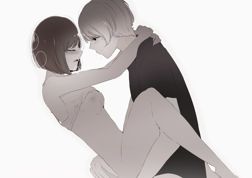 1boy 1girl arima_kana arms_around_neck bare_arms bare_legs bare_shoulders breasts closed_eyes closed_mouth greyscale hands_on_another&#039;s_ass heavy_breathing highres hoshino_aquamarine leg_lock looking_at_another monochrome nipples open_mouth oshi_no_ko risdelusions sex shirt shirt_rolled_up short_hair small_breasts standing standing_sex t-shirt thighs