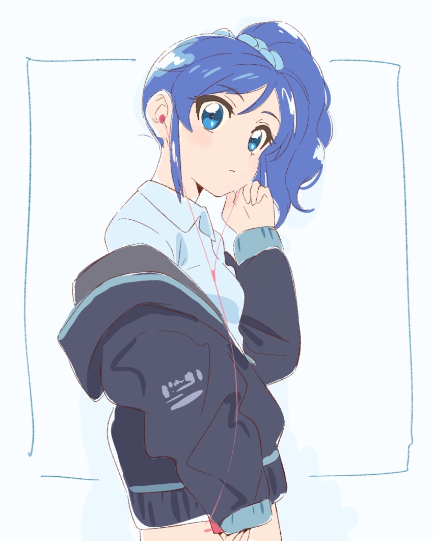 1girl aikatsu! aikatsu!_(series) black_jacket blue_eyes blue_hair blue_scrunchie blue_shirt closed_mouth collared_shirt cowboy_shot earphones hand_up highres holding holding_earphones jacket kiriya_aoi long_hair long_sleeves looking_at_viewer off_shoulder scrunchie semham shirt side_ponytail single_earphone_removed solo standing white_background
