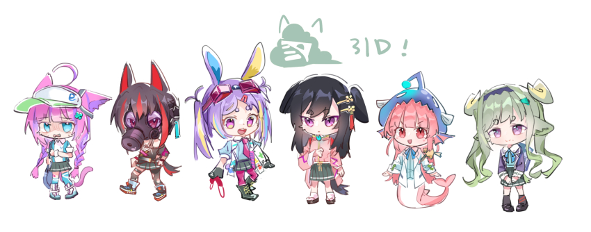 ahoge anglerfish_costume animal_ears animalization aqua_eyes black_gloves black_hair black_hairband blunt_bangs braid cat_ears cat_girl chibi date_akari dog_ears dog_girl dog_tail eyewear_on_head fish_girl fish_hat gas_mask gloves green_hair hair_ornament hairband hat heaven_burns_red highres ishii_iroha jacket long_hair long_sleeves mask mask_pull mikoto_fubuki mizuhara_aina mole mole_under_mouth multicolored_hair multiple_girls murohushi_risa necktie nikaidou_misato off-shoulder_shirt off_shoulder pantyhose pink_eyes pink_hair purple_eyes purple_hair purple_pantyhose rabbit_ears rabbit_girl rantan_0925 red_hair shirt short_hair sidelocks skirt sportswear streaked_hair tail tassel tassel_hair_ornament team_31d_(heaven_burns_red) tennis_uniform twin_braids twintails visor_cap wide_sleeves wolf_ears wolf_girl wolf_tail