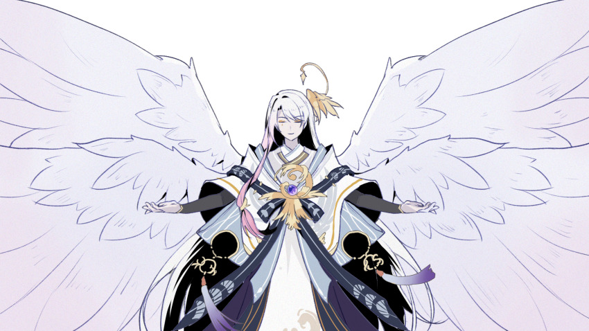 1boy baiguigelierwan chinese_clothes closed_eyes closed_mouth cowboy_shot eyeshadow facing_viewer feathered_wings feathers gradient_hair hair_ornament hanfu highres hu-geng_(the_tale_of_food) layered_sleeves long_hair long_sleeves low-tied_sidelocks makeup male_focus multicolored_hair multiple_wings outstretched_arms pink_hair robe sidelocks simple_background single_sidelock smile solo spread_arms standing straight-on swept_bangs tassel the_tale_of_food transparent_background white_hair white_robe white_wings wide_sleeves wing_hair_ornament wings yellow_eyeshadow