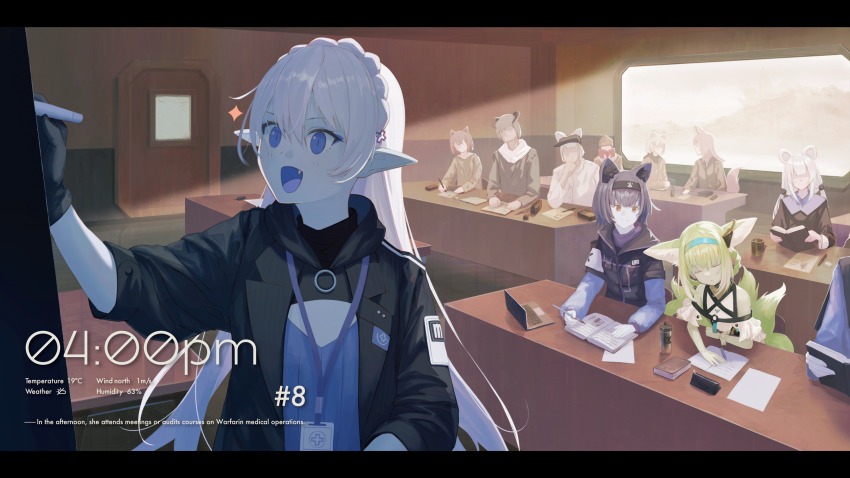 3syo absurdres animal_ears arknights blonde_hair blue_eyes blue_hairband braid braided_hair_rings brown_eyes closed_eyes closed_mouth commentary_request earpiece english_text fang fox_ears fox_girl fox_tail hair_rings hairband highres indoors kitsune kyuubi letterboxed long_hair long_sleeves multiple_tails open_mouth partial_commentary pointy_ears puffy_long_sleeves puffy_sleeves rhodes_island_medic_(arknights) sleeping sleeping_upright smile suzuran_(arknights) tail twin_braids warfarin_(arknights) white_hair