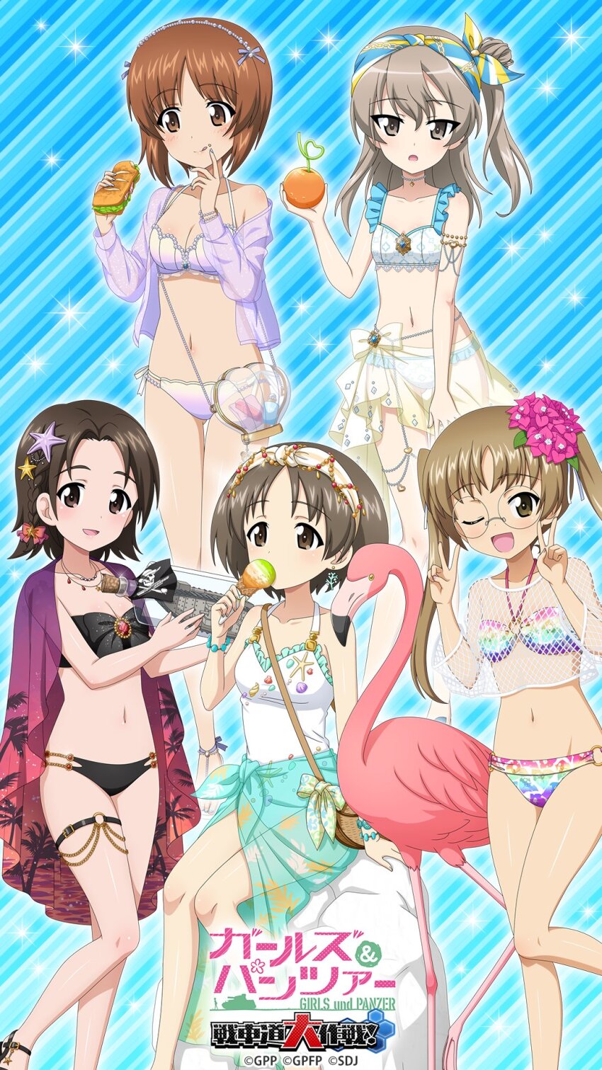 5girls :q ;d armlet bag bandana belly_chain bikini bird black_bikini black_footwear blue_background blue_bandana blue_ribbon bottle bow bow_bikini bracelet breasts brown_eyes brown_footwear brown_hair carrying clam_shell cleavage closed_mouth collarbone commentary_request copyright_name crazy_straw diagonal_stripes drinking_straw earrings eating finger_to_mouth fishnet_top fishnets flamingo flower food food_on_face frilled_bikini frills frown fruit girls_und_panzer girls_und_panzer_senshadou_daisakusen! green_sarong groin hair_flower hair_ornament hair_ribbon hairband halterneck handbag heart_straw high_heels highres holding holding_bottle holding_food holding_fruit ice_cream_cone jewelry leg_up legs licking_lips light_brown_hair long_hair long_sleeves looking_at_viewer looking_to_the_side mark_iv_tank maruyama_saki medium_breasts medium_hair military_vehicle model_tank motor_vehicle multi-strapped_bikini multicolored_bikini multiple_girls navel necklace nishizumi_miho o-ring o-ring_bikini off_shoulder official_alternate_costume official_art official_wallpaper one-piece_swimsuit one_eye_closed one_side_up oono_aya open_clothes open_mouth open_shirt orange_(fruit) parted_bangs pink_footwear purple_bikini purple_shirt ribbon rimless_eyewear rock round_eyewear sandals sandwich sarong sawa_azusa see-through_clothes see-through_sarong shawl shimada_arisu ship_in_a_bottle shirt short_hair side-tie_bikini_bottom sitting small_breasts smile standing standing_on_one_leg star_(symbol) star_hair_ornament strapless strapless_bikini striped_background swimsuit swimsuit_cover-up tank thigh_gap thigh_strap thighs tongue tongue_out twintails v watermark white_bikini white_footwear white_hairband white_one-piece_swimsuit white_sarong