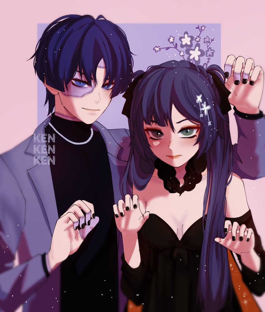 1boy 1girl alternate_costume aqua_eyes artist_name black_bow black_dress black_hair black_nails black_shirt black_sleeves blunt_bangs blunt_ends blurry border bow breasts cleavage closed_mouth coat curled_fingers depth_of_field detached_collar detached_sleeves dress eyelashes floral_background formal_clothes fur_collar genshin_impact grey_coat hair_between_eyes hair_bow hair_over_shoulder halloween halloween_costume hands_up highres jewelry lapels layered_sleeves lipgloss long_hair long_sleeves looking_at_viewer mona_(genshin_impact) moriko_ken11 necklace open_clothes open_coat parted_bangs patchwork_skin paw_pose pink_border purple_background purple_eyes purple_hair purple_sleeves red_lips scaramouche_(genshin_impact) shirt small_breasts smile stitched_face stitched_hand stitches strapless strapless_dress tsurime turtleneck turtleneck_shirt twintails