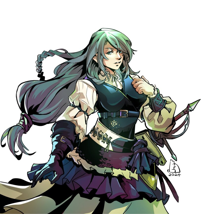 1girl asymmetrical_clothes asymmetrical_gloves blue_eyes braid dress final_fantasy final_fantasy_xvi floating_hair frilled_dress frills gloves grey_hair hair_over_eyes hair_ribbon hand_on_own_chest highres jill_warrick long_hair looking_at_viewer parted_lips piccolourme puffy_sleeves rapier ribbon simple_background single_braid solo sprite_art sword weapon