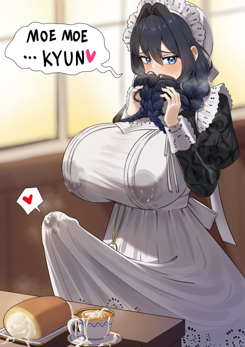 1futa apron black_dress blue_eyes blue_hair blush braid breasts bulge coffee cum cum_in_clothes cum_through_clothes cup dress embroidered_dress english_text erection erection_under_clothes fanged_bangs food frilled_hat frills futanari grabbing_own_hair hair_intakes hat heart highres hololive hololive_english huge_breasts huge_penis lactation lactation_through_clothes long_hair low_twin_braids maid maid_apron mob_cap moe_moe_kyun! official_alternate_costume official_alternate_hairstyle ouro_kronii ouro_kronii_(maid) penis solo spammayoss spoken_heart twin_braids victorian_maid virtual_youtuber white_apron