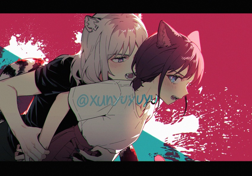 2girls animal_ears black_nails black_shirt blue_eyes brown_hair cat_ears cat_girl cat_tail chromatic_aberration commentary fangs girls_band_cry grey_eyes grey_hair holding_another&#039;s_wrist iseri_nina kawaragi_momoka kemonomimi_mode letterboxed lion_ears lion_girl lion_tail long_hair low_twintails multicolored_hair multiple_girls nail_polish open_mouth pleated_skirt red_skirt roots_(hair) shirt shirt_tucked_in short_hair short_twintails skirt slit_pupils symbol-only_commentary tail twintails white_shirt xunyu_(manyu) yuri