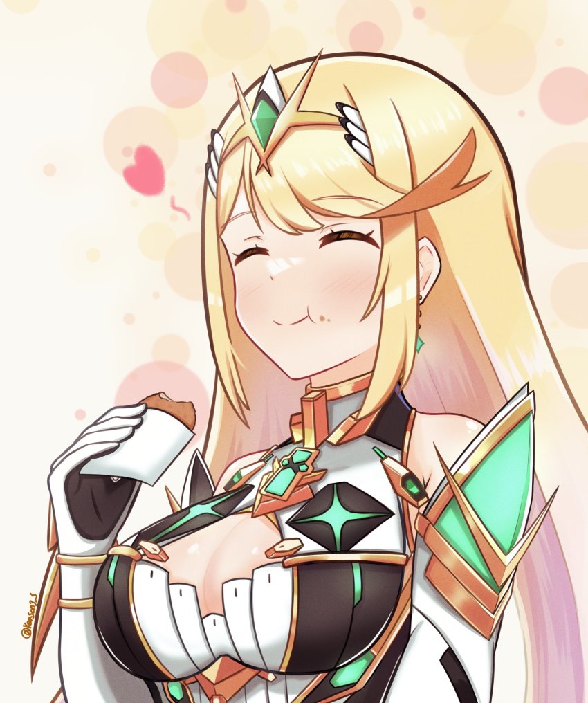 absurdres bare_shoulders blonde_hair breasts chest_jewel chewing cleavage cleavage_cutout clothing_cutout croquette earrings eating elbow_gloves food gloves happy heart highres jewelry large_breasts long_hair mythra_(xenoblade) reason3_s smile solo swept_bangs tiara white_gloves xenoblade_chronicles_(series) xenoblade_chronicles_2