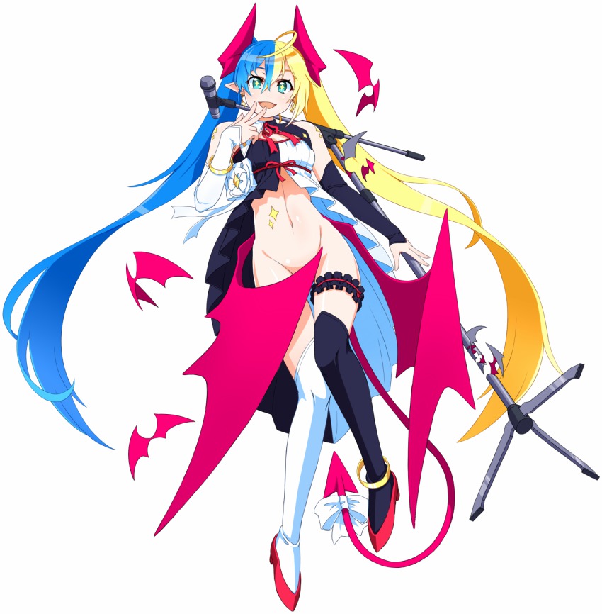 1girl ahoge anklet aqua_eyes asymmetrical_hair asymmetrical_legwear babydoll bare_shoulders bat_(animal) bat_wings black_thighhighs blonde_hair blue_hair bottomless demon_girl demon_tail detached_collar detached_sleeves earrings fangs female_focus finger_to_mouth garter_straps goushu hair_between_eyes highres jewelry long_hair looking_at_viewer low_wings microphone microphone_stand multicolored_hair navel open_mouth original pointy_ears ribbon solo split-color_hair star_tattoo tail tattoo thighhighs twintails two-tone_hair uneven_legwear very_long_hair white_background white_thighhighs wing_censor wings