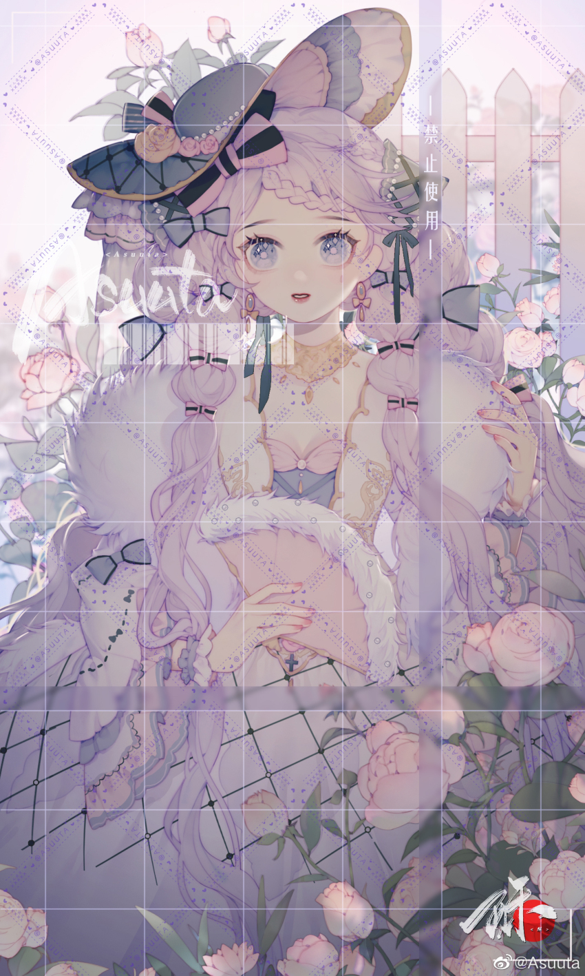 1girl artist_name asuuta barcode beads black_hat blue_bow blue_eyes blue_wrist_cuffs bow bow_earrings braid bright_pupils bud chinese_commentary commentary_request commission cowboy_shot day dress earrings eyelashes fence flower folding_fan frilled_headwear frilled_sleeves frilled_wrist_cuffs frills fur_shawl garden gold_necklace hair_bow hair_half_over_shoulder hand_fan hat hat_bow hat_flower highres holding holding_fan jewelry lipstick long_dress long_hair long_sleeves looking_at_viewer low_twintails makeup multiple_hair_bows nail_polish necklace open_mouth original outdoors pink_bow pink_flower pink_lips pink_nails pink_rose purple_dress rose sample_watermark shawl single_stripe sleeve_bow smile solo standing striped_bow sun_hat swept_bangs teeth too_many_watermarks twin_braids twintails very_long_hair watermark watermark_grid weibo_watermark white_pupils white_shawl white_sleeves wide_sleeves wrist_cuffs