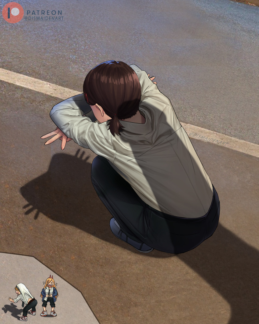 1boy 2girls absurdres black_necktie blonde_hair blue_jacket brown_hair cat_shadow_puppet_(meme) chainsaw_man commentary denji_(chainsaw_man) dismaiden double_w english_commentary hair_ornament hairclip higashiyama_kobeni highres horns jacket meme multiple_girls necktie outdoors penis_shadow photo_background ponytail power_(chainsaw_man) red_horns shadow shirt shirt_tucked_in short_ponytail squatting w wedgie white_shirt