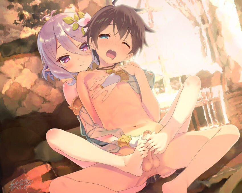 1boy 1girl anal anal_object_insertion barefoot clothed_male_nude_male dildo elf feet femdom flower footjob foreskin hair_flower hair_ornament hetero kodomo_doushi kokkoro_(princess_connect!) loli male_penetrated nipple_stimulation nipple_tweak nude object_insertion one_eye_closed open_mouth pegging penis phimosis pointy_ears princess_connect! sex_toy short_hair shota strap-on toes uncensored youyueyue yuuki_(princess_connect!)