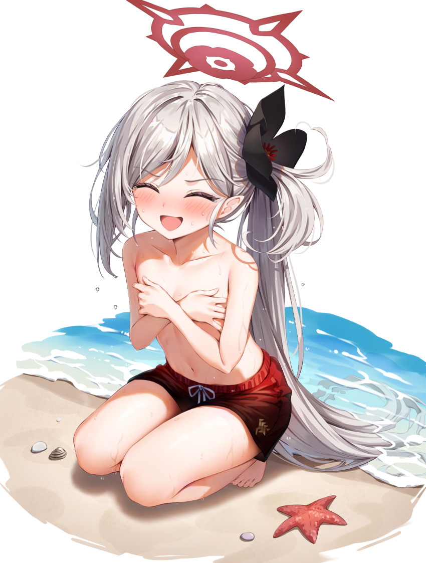 1girl beach blue_archive blush breasts closed_eyes collarbone covering_breasts covering_privates hair_ornament halo highres kuria_(clear_trip_second) loli long_hair male_swimwear male_swimwear_challenge mutsuki_(blue_archive) navel open_mouth pointy_ears red_shoes shoes shore side_ponytail small_breasts smile solo starfish swept_bangs swim_trunks topless_female white_hair