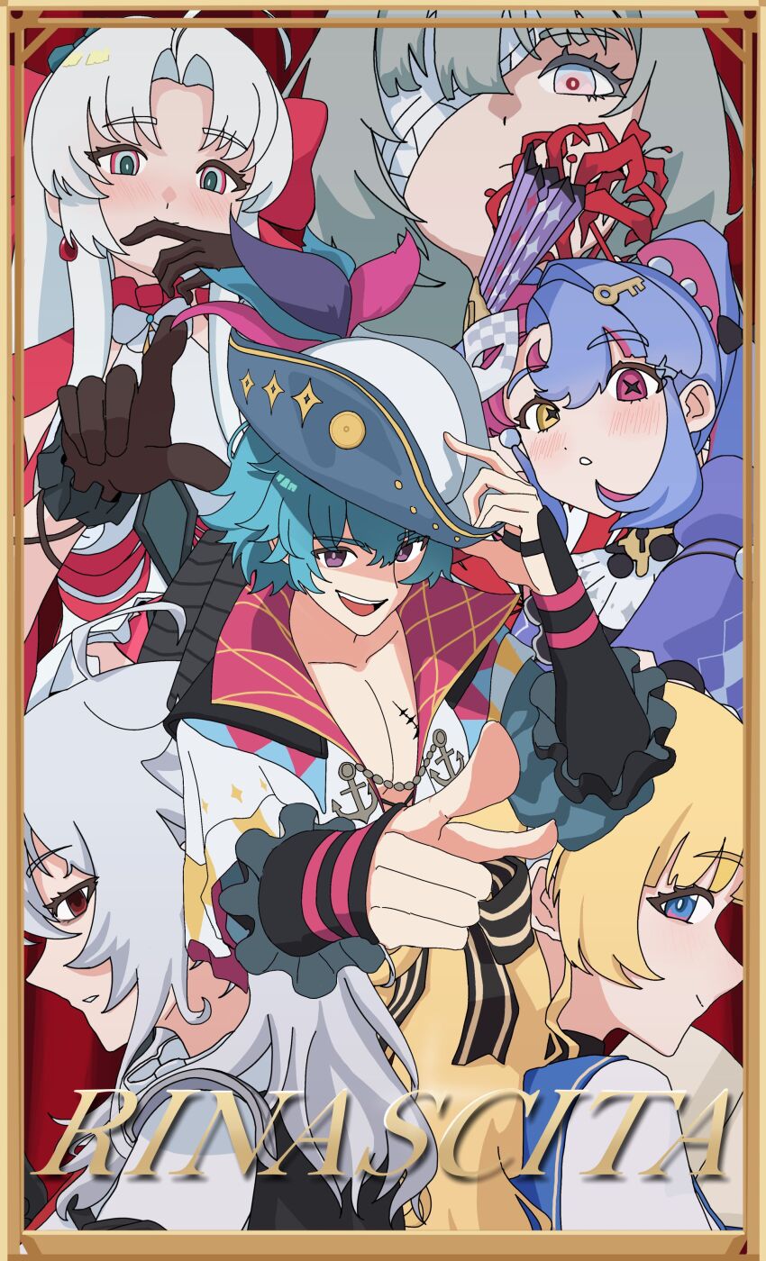 1boy 5girls absurdres bandage_over_one_eye black_gloves blonde_hair blue_hair blue_shirt blush brant_(wuthering_waves) carlotta_(wuthering_waves) closed_mouth collarbone commentary gloves grey_hair hand_up hat heterochromia highres jacket long_hair looking_at_viewer multiple_girls open_clothes open_mouth open_shirt parted_bangs parted_lips phoebe_(wuthering_waves) phrolova_(wuthering_waves) pink_eyes pink_jacket pointing pointing_at_viewer purple_eyes purple_hair red_eyes roccia_(wuthering_waves) shirt short_hair smile tricorne white_hair wuthering_waves yellow_eyes yonyanyon zani_(wuthering_waves)