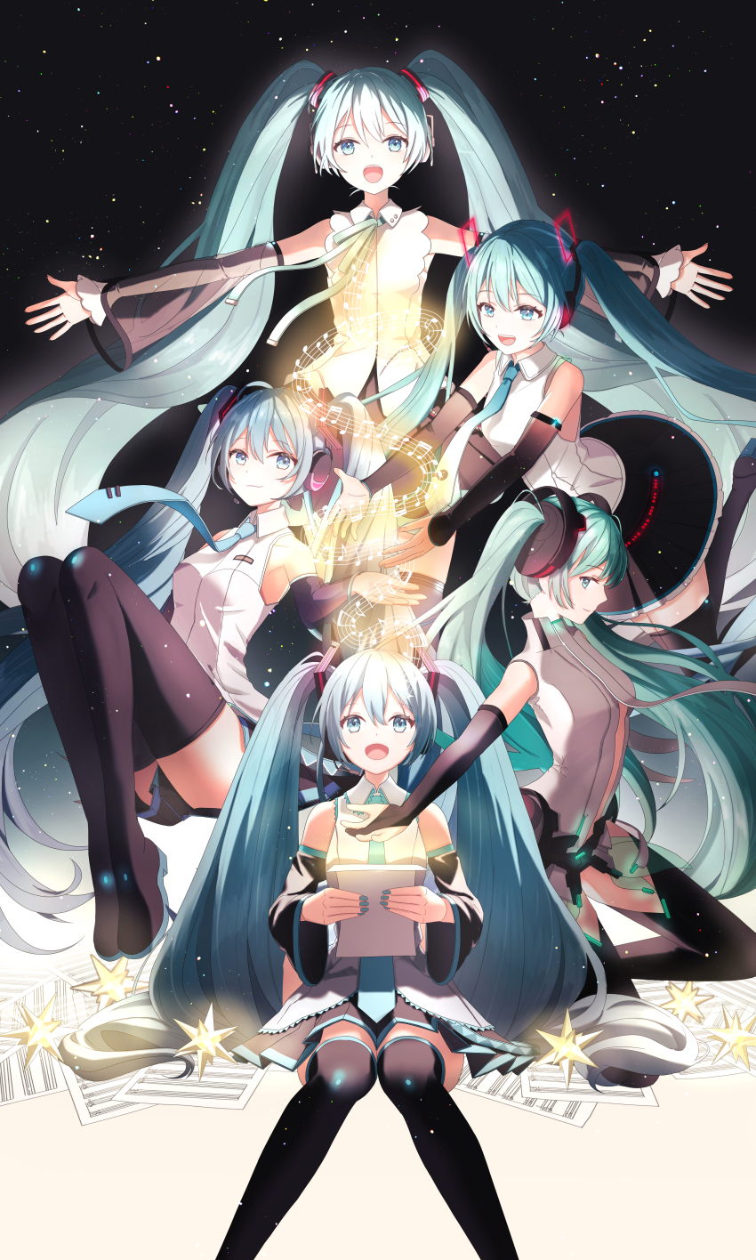 5girls :d absurdres bare_shoulders blue_eyes blue_hair blue_nails blue_necktie boots detached_sleeves gloves green_hair hatsune_miku hatsune_miku_(append) headphones highres macha_3939 multiple_girls musical_note necktie open_mouth outstretched_arms partially_fingerless_gloves pleated_skirt sheet_music skirt smile thigh_boots twintails vocaloid vocaloid_append