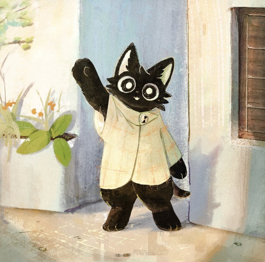 1boy arm_up black_fur bright_pupils cat_boy checkered_clothes furry furry_male highres house nabatabatabata open_mouth original outdoors plant salute solo standing white_pupils