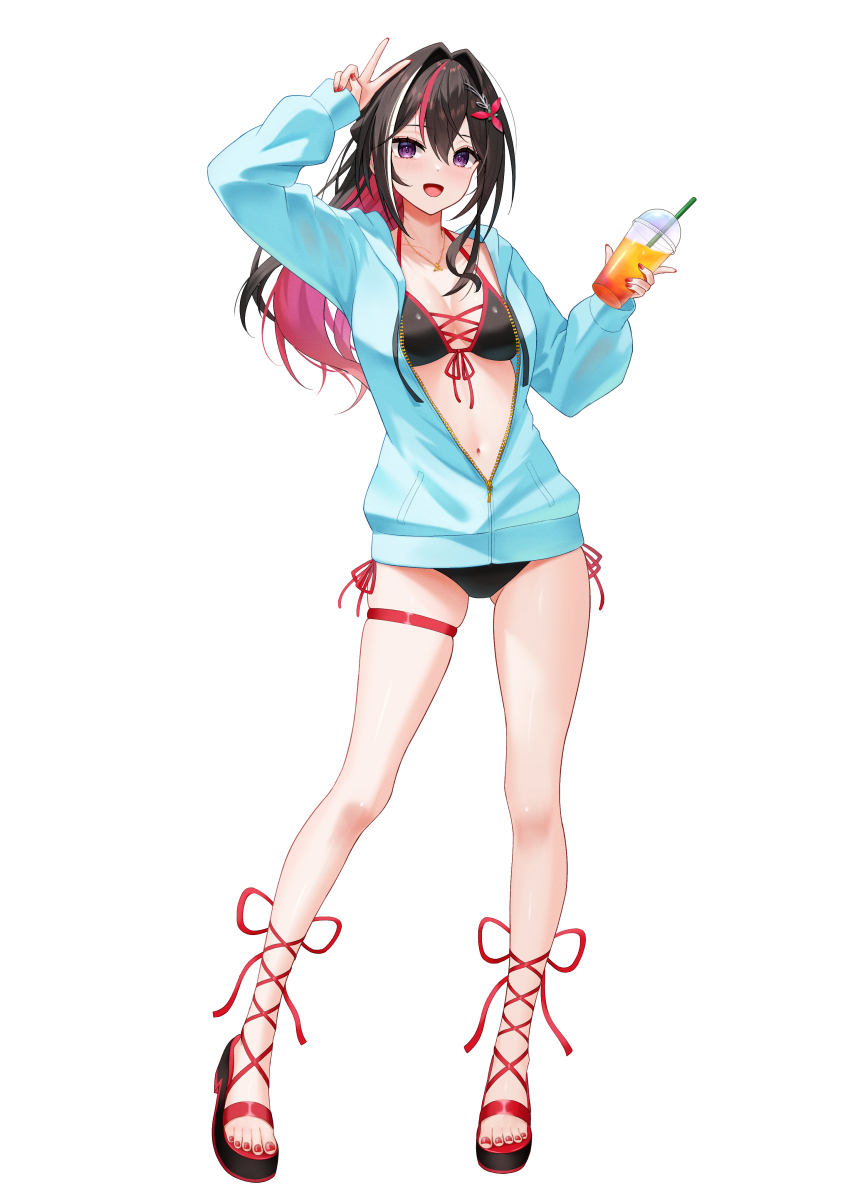 1girl :d absurdres alternate_costume arm_up asymmetrical_sidelocks azki_(hololive) bikini black_bikini black_hair blue_jacket breasts colored_inner_hair commentary_request cross-laced_bikini cross-laced_clothes cup double-parted_bangs drink feet front-tie_bikini_top front-tie_top gluteal_fold hair_intakes hair_ornament hairclip hand_up highres holding holding_cup holding_drink hololive hood hooded_jacket jacket jewelry medium_breasts mole mole_under_eye multicolored_hair nail_polish navel necklace open_mouth partially_unzipped pink_hair platform_sandals purple_eyes red_nails sandals side-tie_bikini_bottom sidelocks smile solo streaked_hair swimsuit telu_(teluscarlet) thigh_strap toenail_polish toenails v virtual_youtuber white_hair