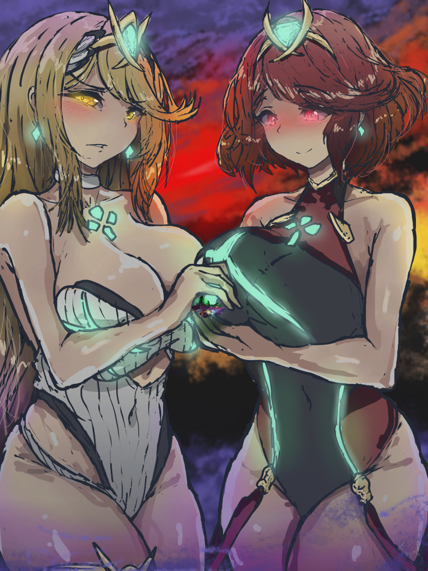 2girls absurdres bare_shoulders black_leotard blonde_hair blush breasts bursting_breasts cleavage cowboy_shot diadem ember_naga final_destination_(smash_bros) fox_mccloud giant giantess glowing glowing_eyes grin half-closed_eyes highres huge_breasts kirby large_breasts leotard long_hair looking_at_viewer luigi mario matching_hair/eyes multiple_girls mythra_(xenoblade) navel nintendo outdoors pyra_(xenoblade) red_eyes red_hair shiny_clothes shiny_skin short_hair smile standing super_smash_bros. thick_thighs thighs white_leotard wide_sleeves xenoblade_chronicles_(series) xenoblade_chronicles_2 yellow_eyes