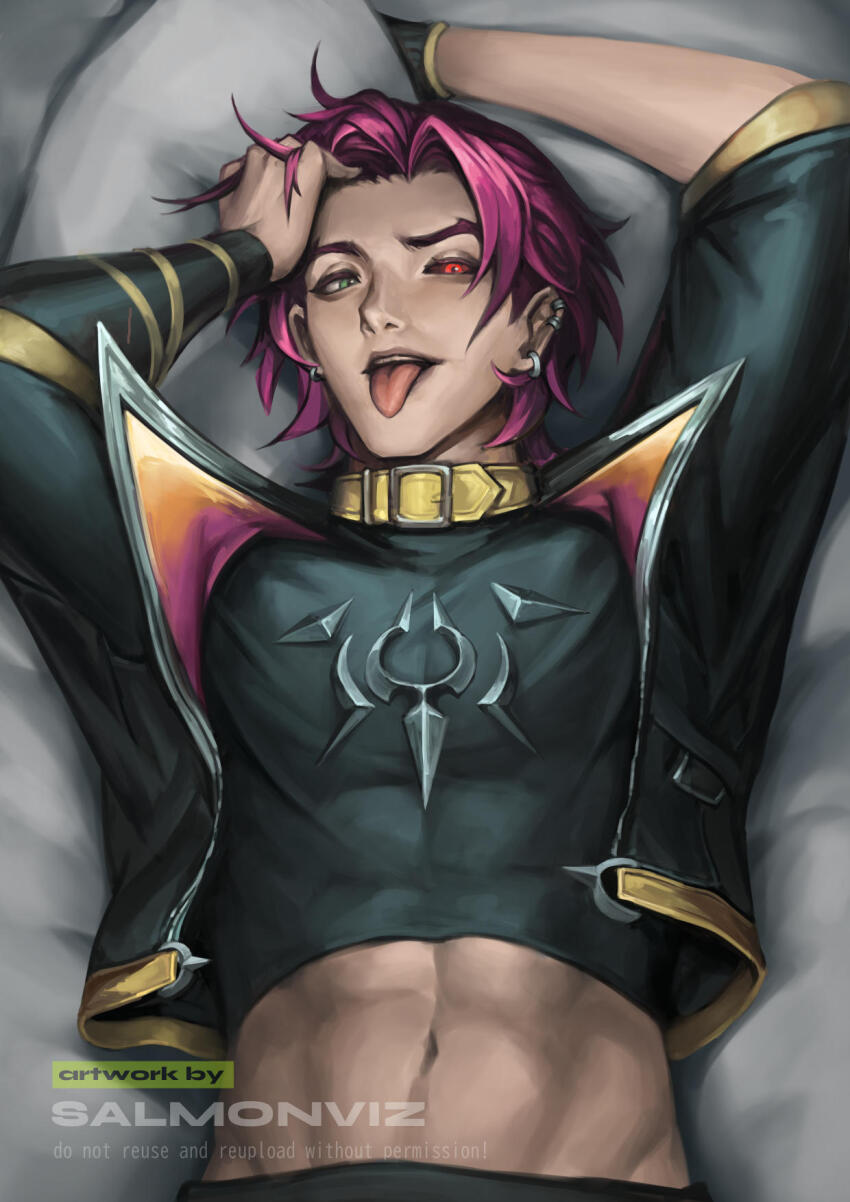 1boy abs bed_sheet heartsteel_(league_of_legends) heartsteel_kayn highres kayn_(league_of_legends) league_of_legends looking_at_viewer male_focus mature_male midriff_peek muscular muscular_male on_bed purple_hair red_eyes salmonviz tongue tongue_out