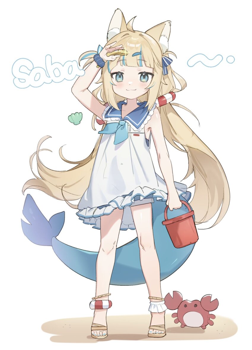 1girl :3 ahoge animal_ear_fluff animal_ears arm_up blonde_hair blue_eyes blue_hair blue_nails blue_neckerchief blue_sailor_collar blunt_bangs blush bucket cat_ears closed_mouth commentary crab dress english_commentary feet fins fish_girl fish_tail floating_hair hair_ornament highres holding holding_bucket holding_shell indie_virtual_youtuber jamama long_hair looking_at_viewer low_twintails multicolored_hair nail_polish neckerchief sailor_collar sailor_dress sameko_saba sandals seashell shell sidelocks simple_background sleeveless sleeveless_dress smile solo standing streaked_hair tail toenail_polish toenails toes twintails very_long_hair virtual_youtuber white_background white_dress