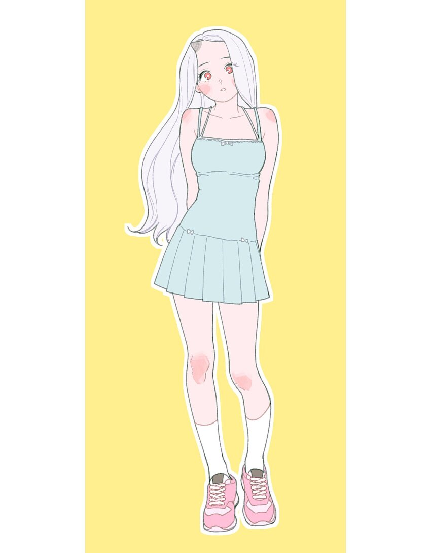 1girl aged_up arms_behind_back blue_dress boku_no_hero_academia commentary_request dress eri_(boku_no_hero_academia) grey_hair highres horns kneehighs long_hair oru_2ji pink_shoes red_eyes shoes single_horn socks solo standing white_socks