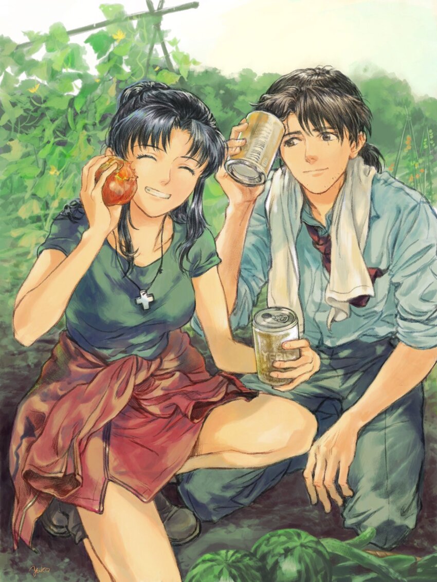 1boy 1girl black_hair blue_shirt can cross cross_necklace facial_hair food hetero highres holding holding_can holding_food jewelry kaji_ryouji katsuragi_misato long_hair looking_at_viewer necklace necktie neon_genesis_evangelion niko_(silent.whitesnow) purple_hair shirt smile