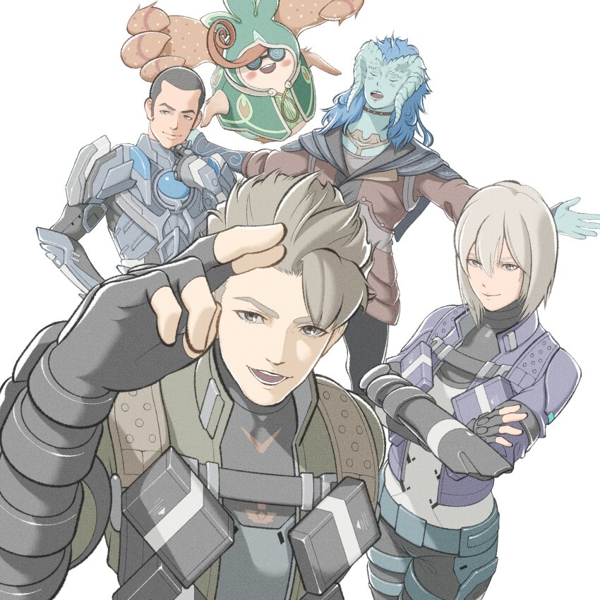 1girl 4boys armor artist_request black_hair blue_hair blue_jacket blue_skin brown_hair coke-bottle_glasses colored_skin crossed_arms demon_horns doug_barrett glasses green_jacket grey_eyes gwin_evans highres horns irina_akulov jacket jeb_wins_(meme) l_(xenoblade_x) medium_hair meme multiple_boys nopon official_art salute second-party_source short_hair tatsu_(xenoblade_x) two-finger_salute white_hair xenoblade_chronicles_(series) xenoblade_chronicles_x