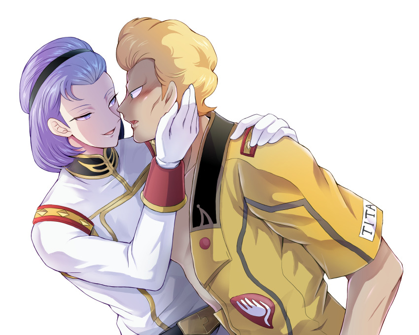 2boys belt black_hairband blonde_hair cheekbones eye_contact gloves gold_trim gundam hairband hand_up highres long_sleeves looking_at_another medium_hair multiple_boys open_clothes open_shirt paptimus_scirocco purple_eyes purple_hair rakkokun_tondoru short_sleeves smile uniform white_background white_gloves yaoi yazan_gable zeta_gundam