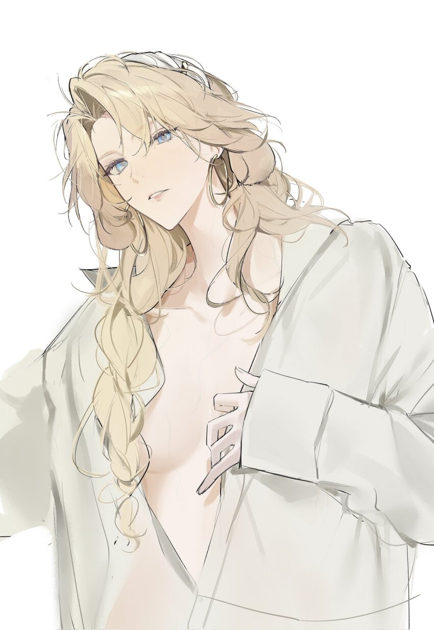 1girl animal_ears arknights blonde_hair blue_eyes breasts collarbone commentary curtained_hair dog_ears dog_girl droopy_ears earrings highres hoop_earrings jewelry joshua_(shisanli934) kristen_(arknights) long_hair long_sleeves looking_at_viewer medium_breasts naked_shirt parted_lips shirt simple_background solo symbol-only_commentary upper_body white_background white_shirt